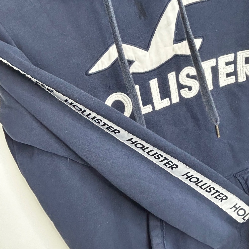 Y2K 90s Hollister Navy Blue Hoodie Sweatshirt Logo Tape Hoodie Size L - Picture 7 of 8